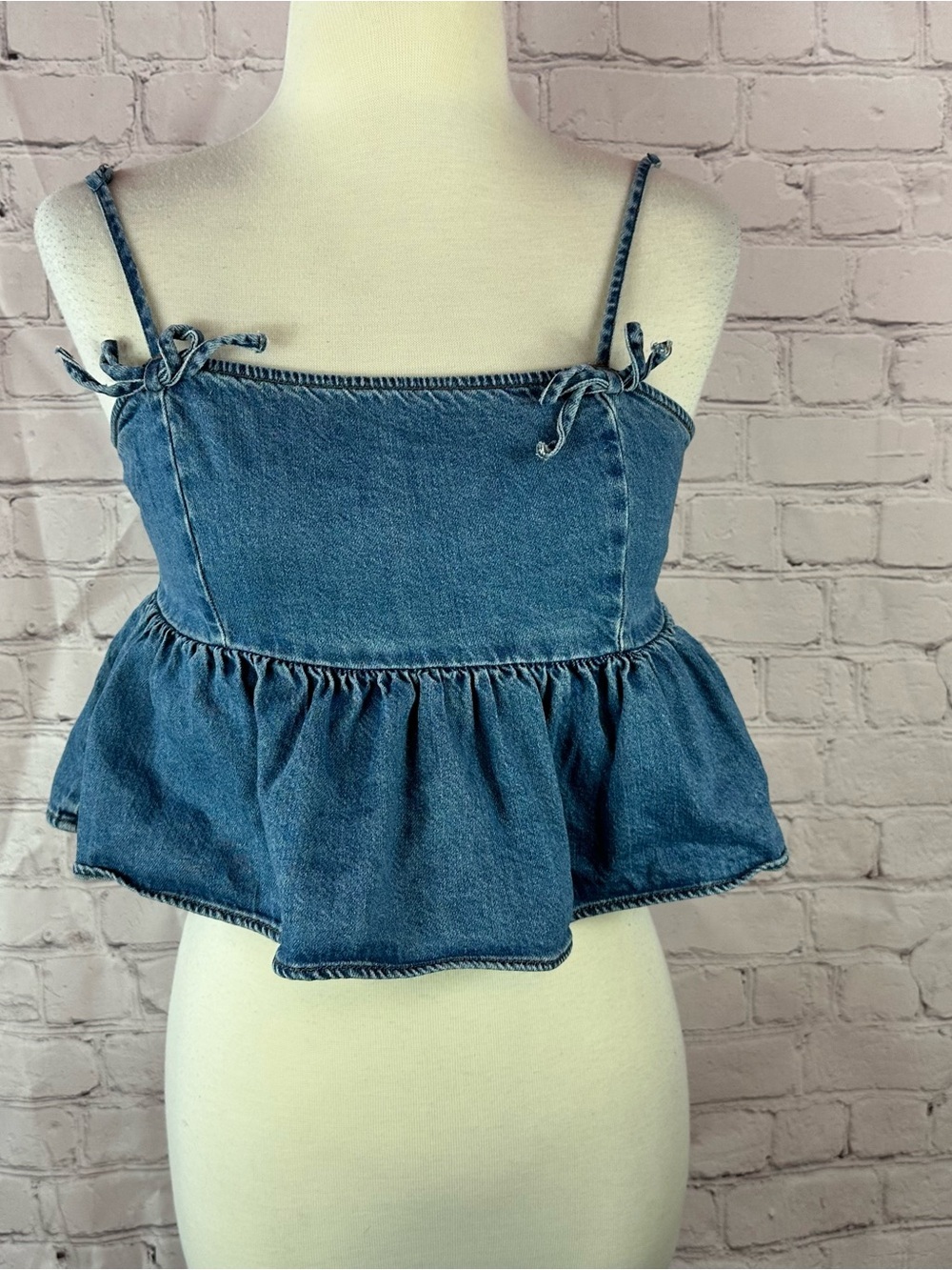American Eagle Denim Peplum cropped camisole top bow boho western festival XS